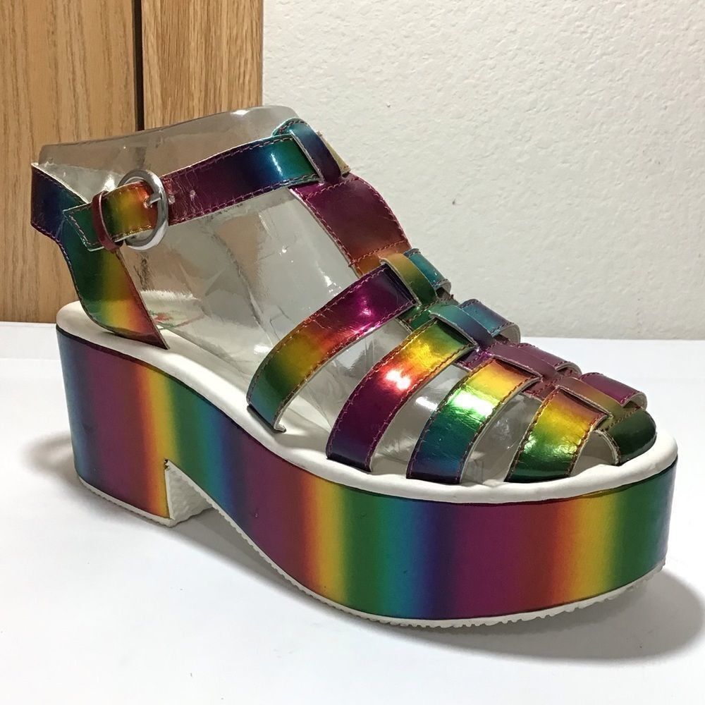 Dolls Kill Y.R.U. Chariot Chunky Platform Loafers Holographic Size 9